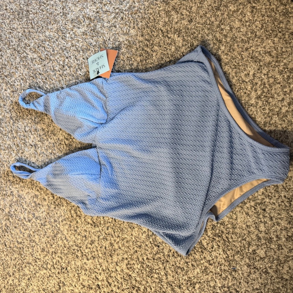 Shade & Shore Blue Textured One Piece Swimsuit Full Coverage V-Neck NWT L 12-14